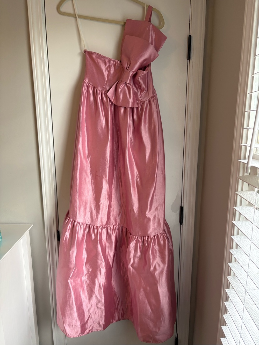 Petal & Pup Rose Pink Satin One-Shoulder Wedding Dress with Large Bow